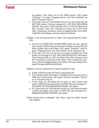 182 Section 05: Automatic Tool Changers March 2003
Fadal Maintenance Manual
ing properly. Then rotate arm to ATC HOME position. LED’s yellow
“Contactor” is lit, green “Stopping Sensor” and “Arm at Spindle” are
NOT lit. Proceed to step 17.
c. If the timer times out, and therefore the arm has not moved from the
ARM TOOL position, then get message #11—ATC TOOL UNCLAMPING
FAILURE. Halt system. Check Overload LED on 1330, Arm Motor Drive
Belt, Contactor, move Arm manually by turning top of Arm Motor
shaft—checking for resistance, check for dragging brake in Arm Motor,
1330/CB1 Circuit Breaker and fuses ahead of Contactor.
17)Begin a new one-second timer to initiate “Arm Approaching ATC Home”
cycle.
a. As soon as the ARM STOP and ARM HOME signals are seen, stop the
timer, disable 1330/K4 relay to disconnect Contactor to power OFF Arm
Motor. Disable Triacs to Arm Motor. LED’s yellow “Contactor” is NOT lit;
green “Stopping Sensor” and “Arm at Home” are lit. Proceed to 18.
b. If the timer times out, the arm has not arrived at Spindle and Turret
Bucket. Get message # 8—ATC TOOL ARM OBSTRUCTED. Halt system.
Check Overload LED on 1330, Arm Motor Drive Belt, Contactor, move
Arm manually by turning top of Arm Motor shaft—checking for resis-
tance, check for dragging brake in Arm Motor, and fuses ahead of Con-
tactor.
18)Begin a new one second timer to initiate “Bucket UP” cycle.
a. Enable 1330/K3 to power Air Valve to move Bucket UP.
b. If Air Cylinder bottom reed switch is CLOSED and the top reed switch is
OPEN, then stop the timer. LED’s green “Tool Up” and yellow “Tool Up”
are lit. Proceed to step 19.
c. If timer times out, the Bucket did not move up, and if bottom reed
switch is OPEN and top reed switch is CLOSED, then get message #5—
ATC BUCKET UP SOLENOID/SENSOR FAILURE. Halt system.
d. Or, if timer times out, the Bucket did not move up, and if top reed switch
is OPEN and bottom reed switch is OPEN, then get message #14—
AMBIGUOUS BUCKET POSITION. Halt system.
19)Tool change cycle is completed. Stop “Busy” signal to control. Resume
main program.
This page intentionally left blank.
 