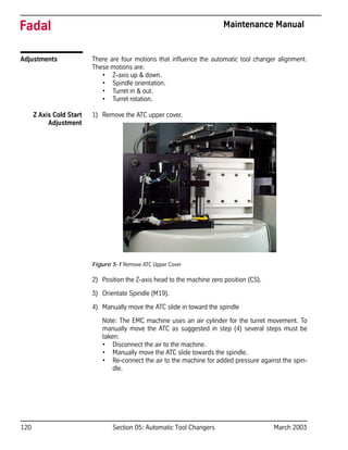 120 Section 05: Automatic Tool Changers March 2003
Fadal Maintenance Manual
Adjustments There are four motions that influence the automatic tool changer alignment.
These motions are:
• Z-axis up & down.
• Spindle orientation.
• Turret in & out.
• Turret rotation.
Z Axis Cold Start
Adjustment
1) Remove the ATC upper cover.
Figure 5-1 Remove ATC Upper Cover
2) Position the Z-axis head to the machine zero position (CS).
3) Orientate Spindle (M19).
4) Manually move the ATC slide in toward the spindle
Note: The EMC machine uses an air cylinder for the turret movement. To
manually move the ATC as suggested in step (4) several steps must be
taken:
• Disconnect the air to the machine.
• Manually move the ATC slide towards the spindle.
• Re-connect the air to the machine for added pressure against the spin-
dle.
 