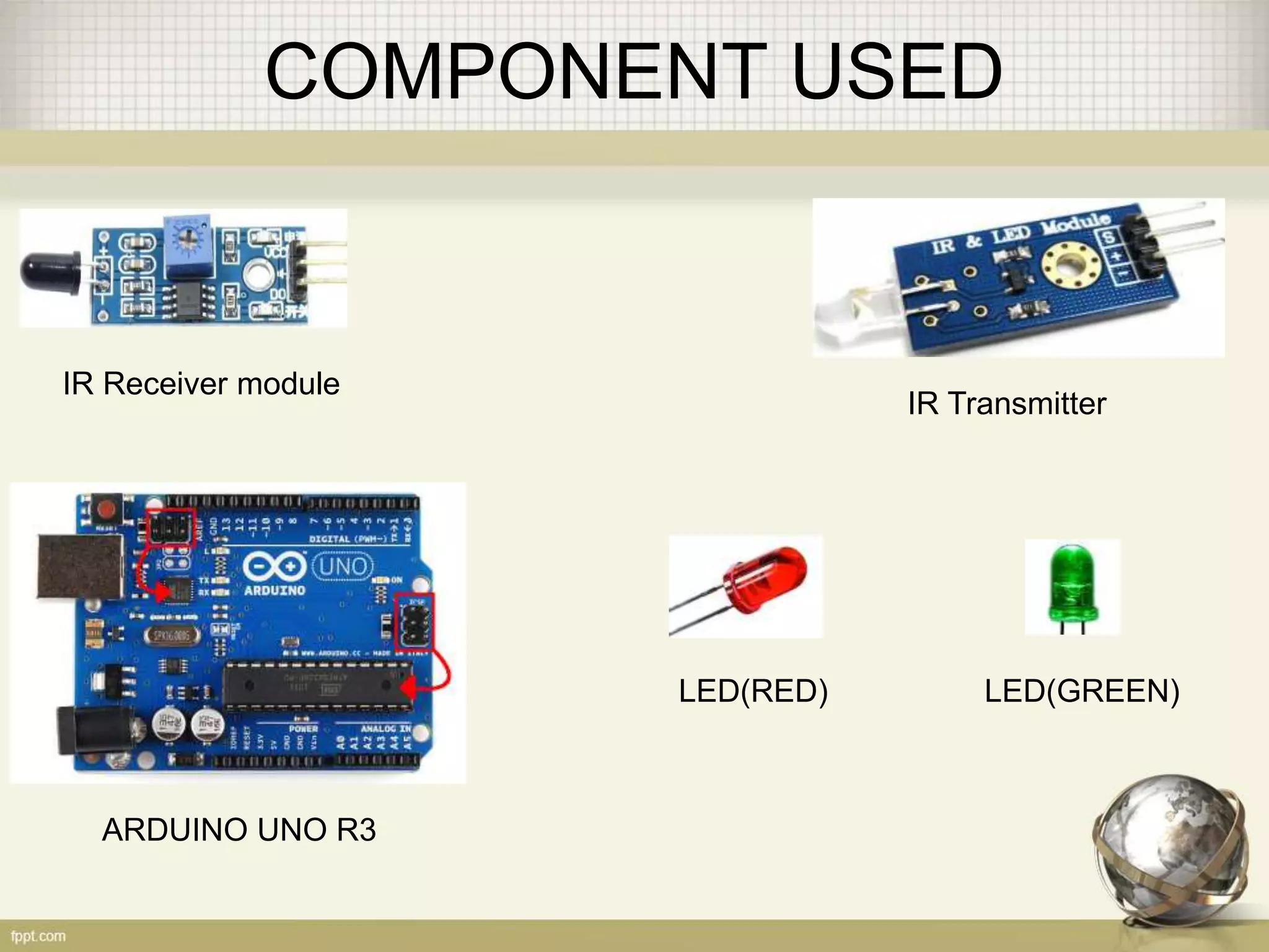 COMPONENT USED
IR Receiver module
IR Transmitter
ARDUINO UNO R3
LED(RED) LED(GREEN)
 