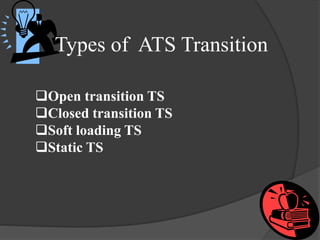 Types of ATS Transition
Open transition TS
Closed transition TS
Soft loading TS
Static TS

 
