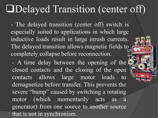 Delayed Transition (center off)
- The delayed transition (center off) switch is
especially suited to applications in which large
inductive loads result in large inrush currents.
The delayed transition allows magnetic fields to
completely collapse before reconnection.
- A time delay between the opening of the
closed contacts and the closing of the open
contacts allows large motor loads to
demagnetize before transfer. This prevents the
severe “bump” caused by switching a rotating
motor (which momentarily acts as a
generator) from one source to another source
that is not in synchronism.

 