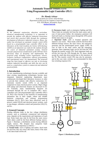Automatic Transfer Switch (ATS)
Using Programmable Logic Controller (PLC)
Dr. Hamdy Ashour
Arab Academy for Science &Technology
Department of Electrical & Computer Control Engineering
P.O. 1029 Miami, Alexandria, Egypt
hashour@aast.edu
Abstract:
In the industrial engineering education curriculum,
advanced manufacturing technology is so important to
provide the students with effective industrial instructions
and enrich their practical skills through the continuous
development of laboratory industrial resources. Hence, the
author has developed an automatic transfer switch (ATS)
based on a programmable logic controller (PLC) in the
laboratory of the Arab Academy for Science &Technology
(AAST) as an industrial case study for the students through
the course of industrial automated systems. General
concepts and practical considerations of the ATS have been
discussed. Steps of designing and implementing the
proposed setup, including system requirements, sensors,
actuators, hardware configuration, software programming
and experimental testes, are demonstrated. The proposed
setup has been found so effective not only in increasing
students industrial knowledge and skills but also can be
used as a stand-alone system in commercial and industrial
practical fields.
1. Introduction
As new manufacturing technologies become available and
since existing manufacturing technologies become more
integrated, industrial engineering departments must
continuously developed their laboratory resources in order
to provide their students with effective instructions [1].
Automatic transfer switch (ATS) is an important
component in many electrical power systems. High voltage
ATS ratings and selectively features are discussed in [2]-
[4]. Currently, many manufacturing functions are
automated through the use of computers (PC), micro-
controllers (μC) and programmable logic controllers (PLC)
[5]. PLCs have become at the forefront of manufacturing
automation due to their simple, robust and reliable
hardware connections and software programming
techniques [6]-[7]. PLCs have been effectively used in
process control [8]-[9] and electrical power systems, such
as tap-changer, substation control and protection [10]-[13],
and etc.
2. General Concepts
Feeding different loads in the low voltage distribution
systems, such as residential, commercial and industrial
areas, depends on the requirements and importance of each
load. Some loads may only be fed from the main source
while others could be fed from different backup sources.
Figure 1 illustrates a distribution system having different
supply sources. The designer may categorize loads
according to their importance as follows: -
a- Normal loads: such as lighting and outlets. Such loads
are fed from only one source (the main), hence if the main
is off, these loads will be off.
b- Emergency loads: such as emergency lighting and lifts.
These loads are normally fed from the main source and in
case of main power failure; the emergency generator will
feed such loads as a backup source through the ATS system
till the main source is on again.
c- Important loads: such as hospital operation and
intensive care rooms. These loads could be fed from three
different backup sources, the main source, the emergency
generator and the uninterrupted power supply (UPS). In
case of fault in the main source and the emergency
generator, these important loads can be fed from the UPS
through the transfer switch (TS). Such important loads are
off-line fed from the UPS through the TS, hence should
accept the small shut down period due to the transition of
the TS. This transfer switch (TS) may also be automatic,
and in this case static switches are recommended for their
fast switching response [14].
Emergency
Loads
Important
Loads
Main
ansformer
Emergency
Generator
Tr
Normal
Loads
Critical
Loads
TS
TS
UPS
atteries
DC / AC
B
AC / DC
ATS
Figure 1: Distribution of loads
 