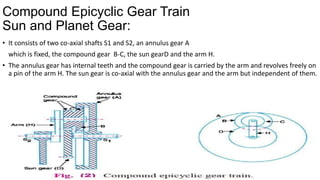 Compound Epicyclic Gear Train
Sun and Planet Gear:
• It consists of two co-axial shafts S1 and S2, an annulus gear A
which is fixed, the compound gear B-C, the sun gearD and the arm H.
• The annulus gear has internal teeth and the compound gear is carried by the arm and revolves freely on
a pin of the arm H. The sun gear is co-axial with the annulus gear and the arm but independent of them.
 