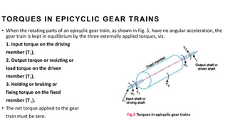 TORQUES IN EPICYCLIC GEAR TRAINS
• When the rotating parts of an epicyclic gear train, as shown in Fig. 5, have no angular acceleration, the
gear train is kept in equilibrium by the three externally applied torques, viz.
1. Input torque on the driving
member (T1),
2. Output torque or resisting or
load torque on the driven
member (T2),
3. Holding or braking or
fixing torque on the fixed
member (T3).
• The net torque applied to the gear
train must be zero. Fig.5 Torques in epicyclic gear trains
 