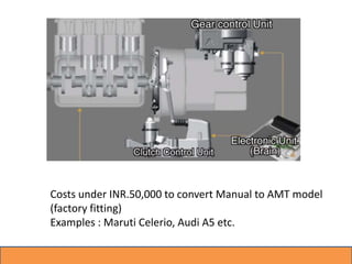 Costs under INR.50,000 to convert Manual to AMT model
(factory fitting)
Examples : Maruti Celerio, Audi A5 etc.
 