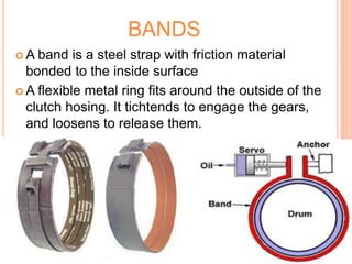 BANDS
 A band is a steel strap with friction material
bonded to the inside surface
 A flexible metal ring fits around the outside of the
clutch hosing. It tichtends to engage the gears,
and loosens to release them.
 