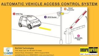 BizOrbit Technologies
10/G, Body Care, Nr. RE:GEN:TA Hotel,
Ashram Road, Ahmedabad – 380013 Gujarat INDIA
pulkit@bizorbit.co.in | 9898458844 | www.secureparking.in
AUTOMATIC VEHICLE ACCESS CONTROL SYSTEM
 