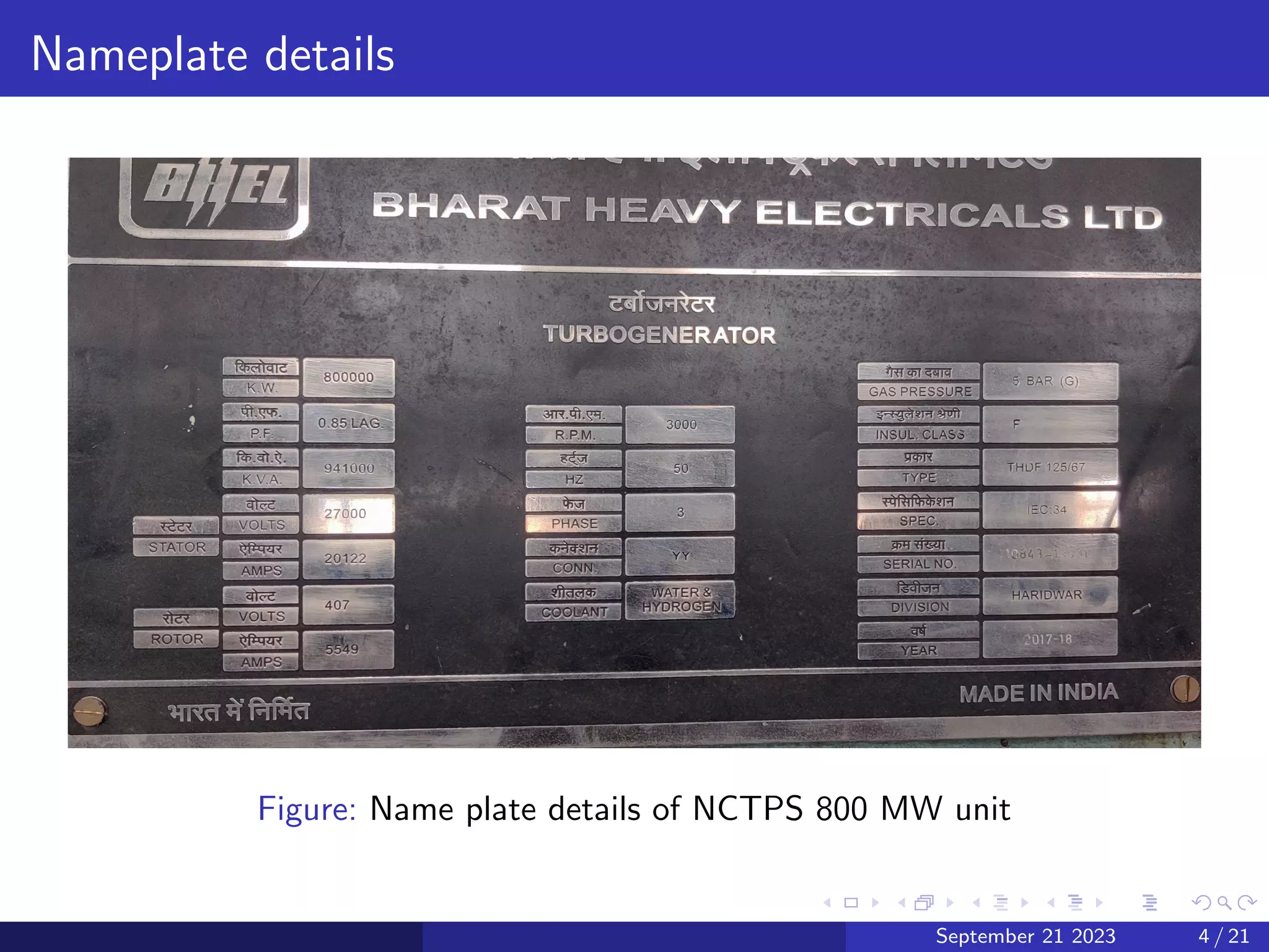 Nameplate details
Figure: Name plate details of NCTPS 800 MW unit
September 21 2023 4 / 21
 