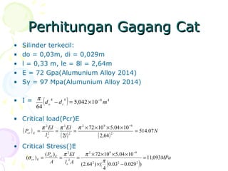 Perhitungan Gagang CatPerhitungan Gagang Cat
• Silinder terkecil:
• do = 0,03m, di = 0,029m
• l = 0,33 m, le = 8l = 2,64m
• E = 72 Gpa(Alumunium Alloy 2014)
• Sy = 97 Mpa(Alumunium Alloy 2014)
• I =
• Critical load(Pcr)E
• Critical Stress()E
( ) 4944
10042,5
64
mdd io
−
×=−
π
( )
( ) ( )
N
l
EI
l
EI
P
e
Ecr 07.514
64,2
1004.51072
2
2
992
2
2
2
2
=
××××
===
−
πππ
( )
MPa
Al
EI
A
P
e
Ecr
Ecr 093,11
)029.003.0
4
()64.2(
1004.51072)(
)(
222
992
2
2
=
−×
××××
===
−
π
ππ
σ
 