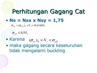 Perhitungan Gagang CatPerhitungan Gagang Cat
• Ns = Nsx x Nsy = 1,75
• Karena
• maka gagang secara keseluruhan
tidak mengalami buckling
MPaN sECRall 41,19)( =×= σσ
yall S5,0≤σ
allsEcr N σσ <×)(
 