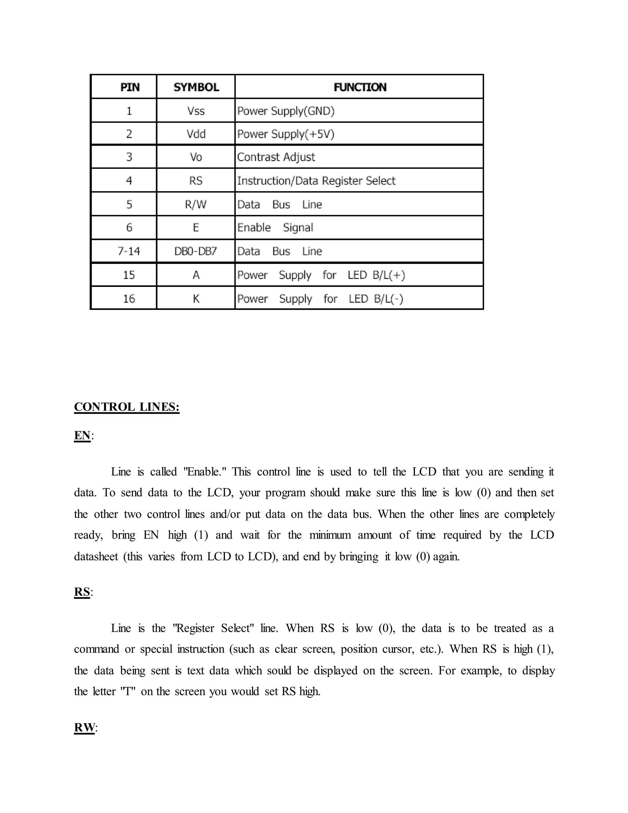 CONTROL LINES:
EN:
Line is called "Enable." This control line is used to tell the LCD that you are sending it
data. To send data to the LCD, your program should make sure this line is low (0) and then set
the other two control lines and/or put data on the data bus. When the other lines are completely
ready, bring EN high (1) and wait for the minimum amount of time required by the LCD
datasheet (this varies from LCD to LCD), and end by bringing it low (0) again.
RS:
Line is the "Register Select" line. When RS is low (0), the data is to be treated as a
command or special instruction (such as clear screen, position cursor, etc.). When RS is high (1),
the data being sent is text data which sould be displayed on the screen. For example, to display
the letter "T" on the screen you would set RS high.
RW:
 