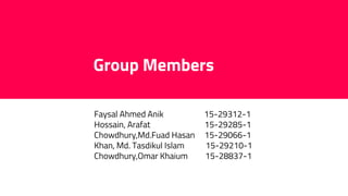 Group Members
Faysal Ahmed Anik 15-29312-1
Hossain, Arafat 15-29285-1
Chowdhury,Md.Fuad Hasan 15-29066-1
Khan, Md. Tasdikul Islam 15-29210-1
Chowdhury,Omar Khaium 15-28837-1
 
