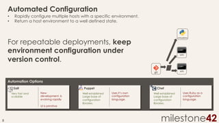 Automated Configuration
• 
• 

Rapidly configure multiple hosts with a specific environment.
Return a host environment to a well defined state.

virtualenv	
  

For repeatable deployments, keep
environment configuration under
version control.

vm	
  

vm	
  

git	
  

Automation Options
Salt
Very fast and
scalable

Puppet
New
development. Is
evolving rapidly
UI is primitive

8	
  

Well established
Large base of
configuration
libraries.

Chef
Uses it’s own
configuration
language.

Well established
Large base of
configuration
libraries.

Uses Ruby as a
configuration
language.

milestone42

 