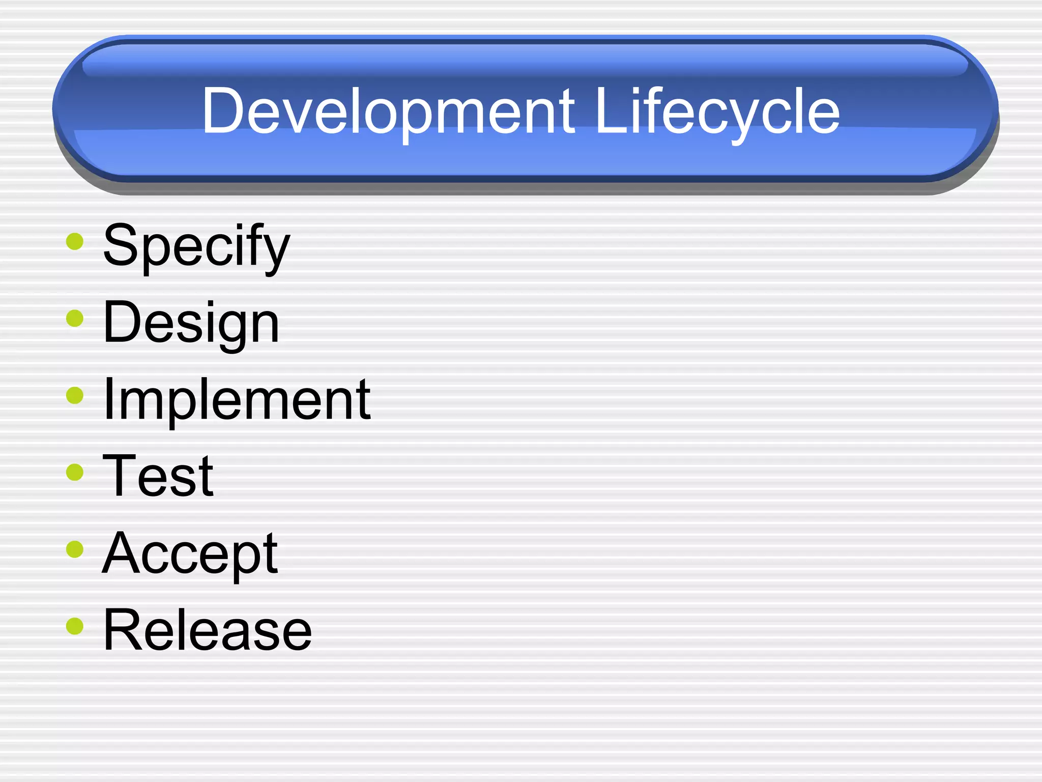 Development Lifecycle Specify Design Implement Test Accept Release