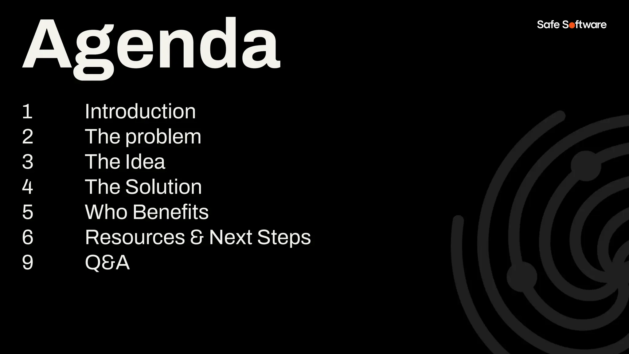 Agenda
1 Introduction
2 The problem
3 The Idea
4 The Solution
5 Who Beneﬁts
6 Resources & Next Steps
9 Q&A
Agenda
 
