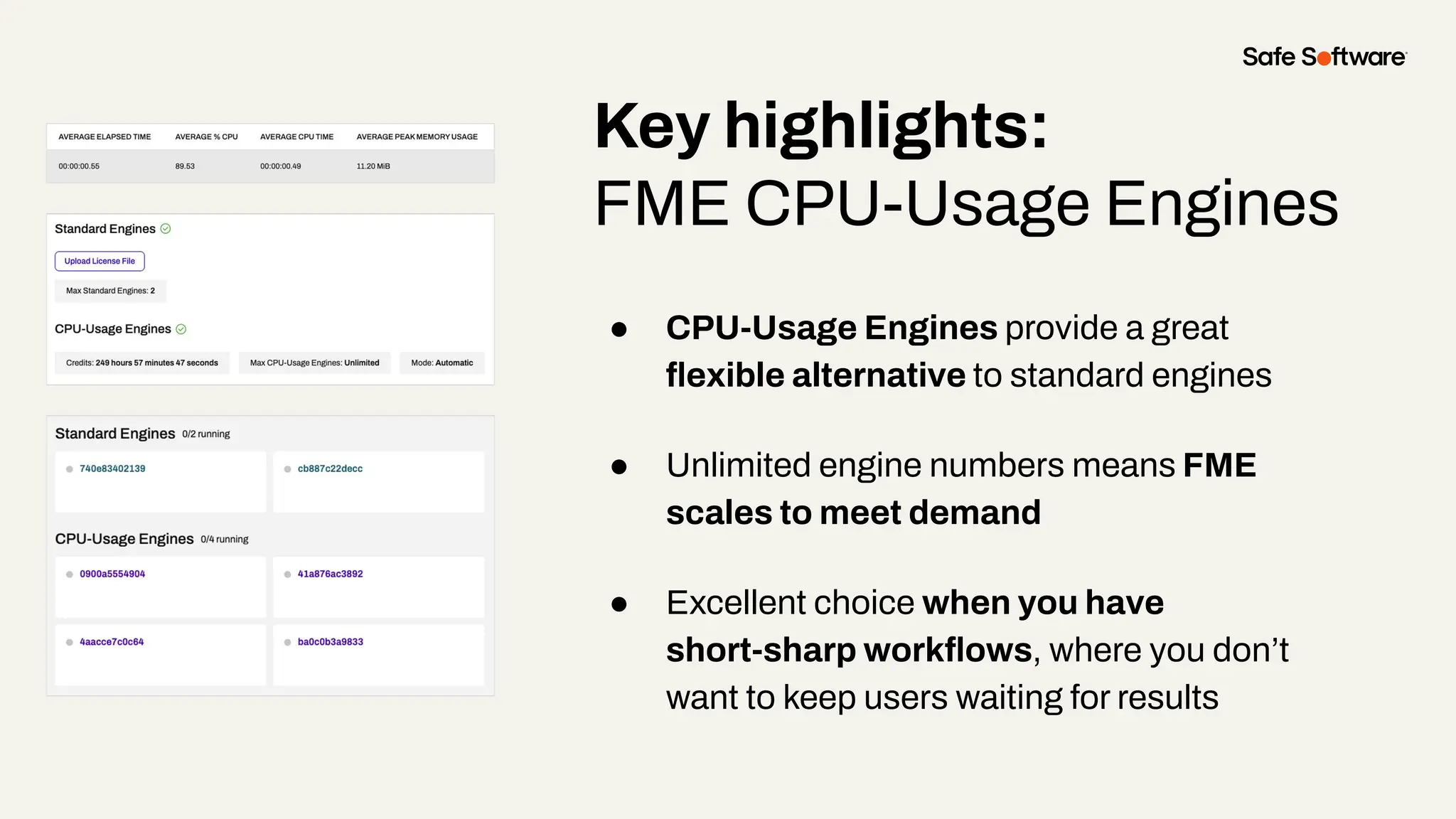 Key highlights:
FME CPU-Usage Engines
● CPU-Usage Engines provide a great
ﬂexible alternative to standard engines
● Unlimited engine numbers means FME
scales to meet demand
● Excellent choice when you have
short-sharp workﬂows, where you don’t
want to keep users waiting for results
 