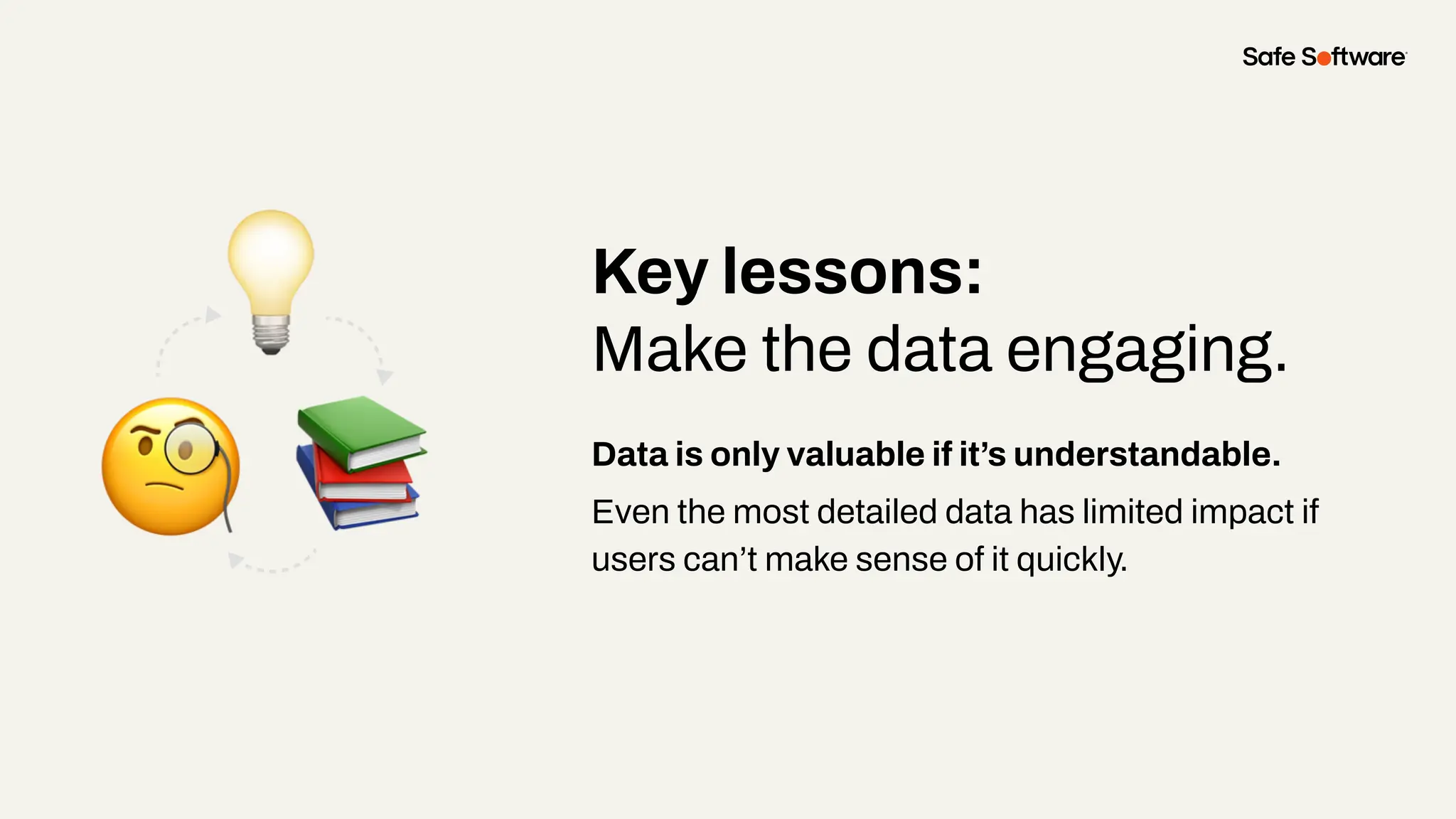 Data is only valuable if it’s understandable.
Even the most detailed data has limited impact if
users can’t make sense of it quickly.
Key lessons:
Make the data engaging.
 