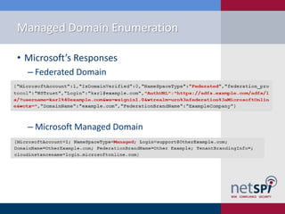 Managed Domain Enumeration
• Microsoft’s Responses
‒ Federated Domain
‒ Microsoft Managed Domain
 