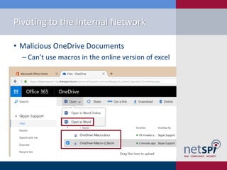 Pivoting to the Internal Network
• Malicious OneDrive Documents
‒ Can’t use macros in the online version of excel
 