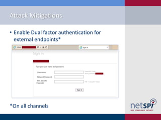 Attack Mitigations
• Enable Dual factor authentication for
external endpoints*
*On all channels
 