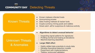 ● Known malware infected hosts
● Anonymizing proxies
● Sites hosting malware & hacker tools
● Crypto-currency mining pools and wallets
● Great catch -all for suspicious & malicious activity
● Algorithms to detect unusual behavior
○ Inspecting signal patterns for signatures
○ Profiling normal and looking at deviations
○ Machine learning classifiers
● Larger R&D effort
○ Highly skilled data scientists to study data
○ Develop theoretical detection models
○ Experiment with implementations
○ Testing, tuning and validation
Unknown Threats
& Anomalies
Known Threats
Detecting Threats
 