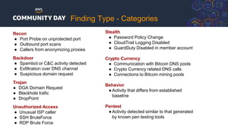 Recon
● Port Probe on unprotected port
● Outbound port scans
● Callers from anonymizing proxies
Backdoor
● Spambot or C&C activity detected
● Exfiltration over DNS channel
● Suspicious domain request
Trojan
● DGA Domain Request
● Blackhole trafic
● DropPoint
Unauthorized Access
● Unusual ISP caller
● SSH BruteForce
● RDP Brute Force
Stealth
● Password Policy Change
● CloudTrail Logging Disabled
● GuardDuty Disabled in member account
Crypto Currency
● Communication with Bitcoin DNS pools
● Crypto Currency related DNS calls
● Connections to Bitcoin mining pools
Behavior
●Activity that differs from established
baseline
Pentest
●Activity detected similar to that generated
by known pen testing tools
Finding Type - Categories
 