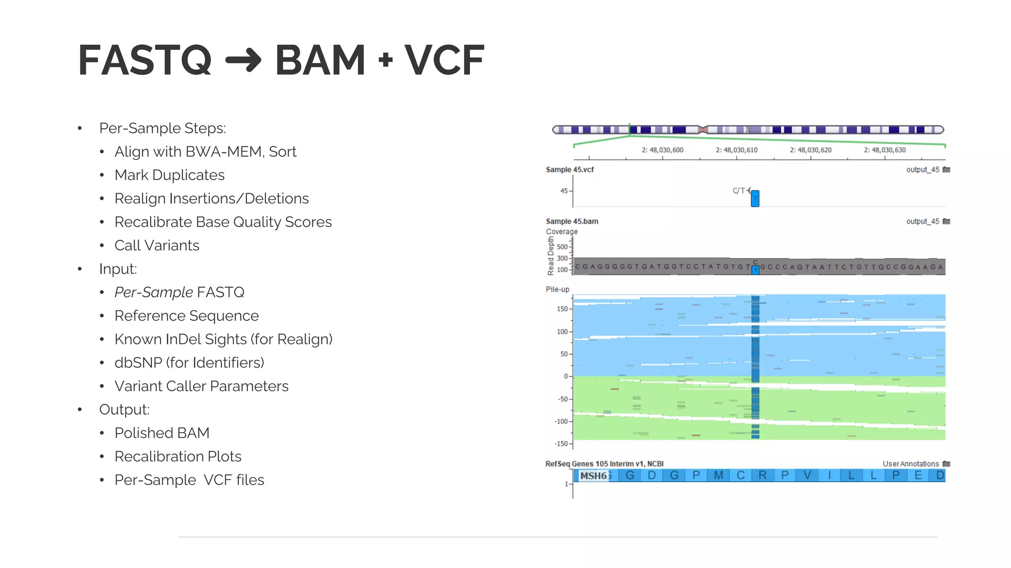 FASTQ ➜ BAM + VCF
• Per-Sample Steps:
• Align with BWA-MEM, Sort
• Mark Duplicates
• Realign Insertions/Deletions
• Recalibrate Base Quality Scores
• Call Variants
• Input:
• Per-Sample FASTQ
• Reference Sequence
• Known InDel Sights (for Realign)
• dbSNP (for Identifiers)
• Variant Caller Parameters
• Output:
• Polished BAM
• Recalibration Plots
• Per-Sample VCF files
 