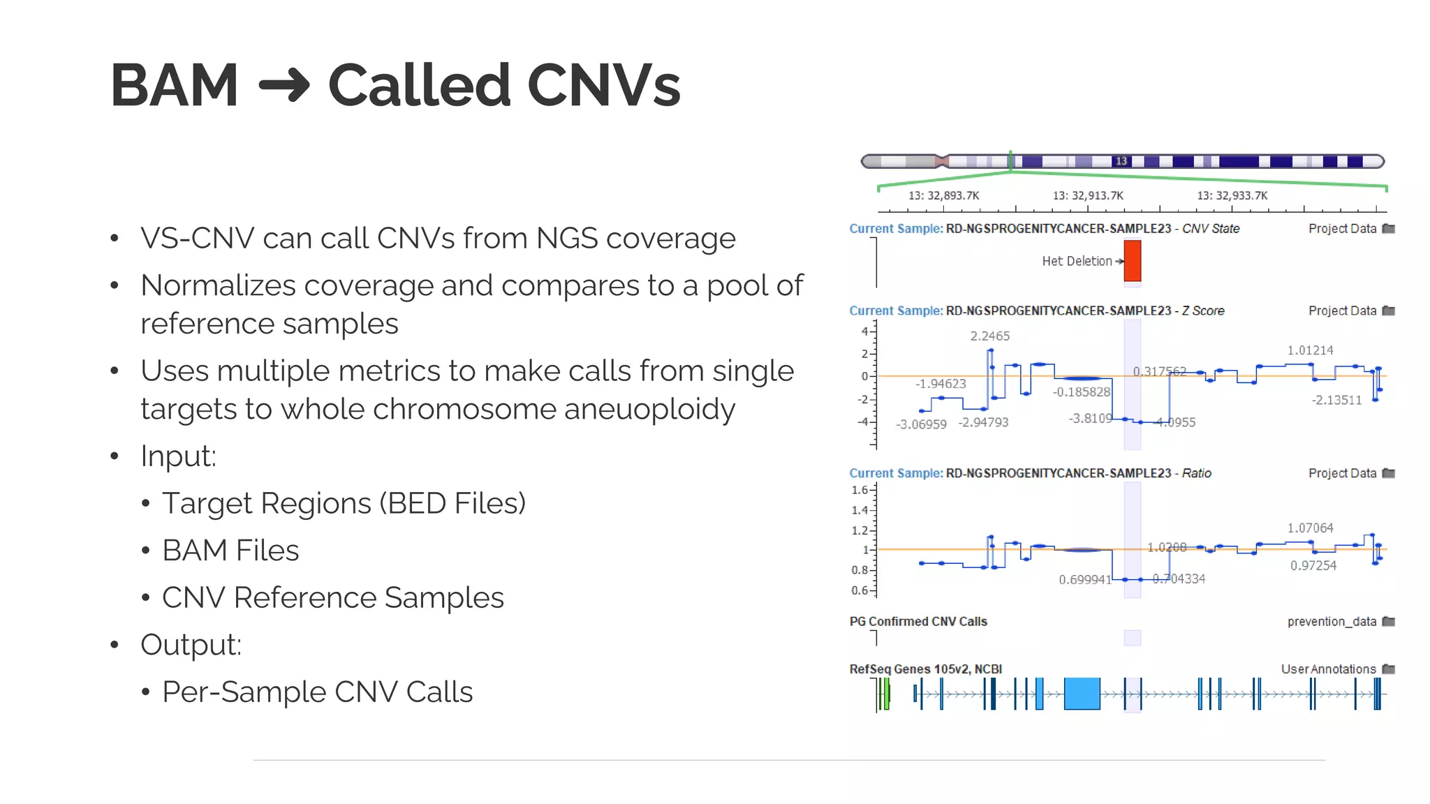 BAM ➜ Called CNVs
• VS-CNV can call CNVs from NGS coverage
• Normalizes coverage and compares to a pool of
reference samples
• Uses multiple metrics to make calls from single
targets to whole chromosome aneuoploidy
• Input:
• Target Regions (BED Files)
• BAM Files
• CNV Reference Samples
• Output:
• Per-Sample CNV Calls
 