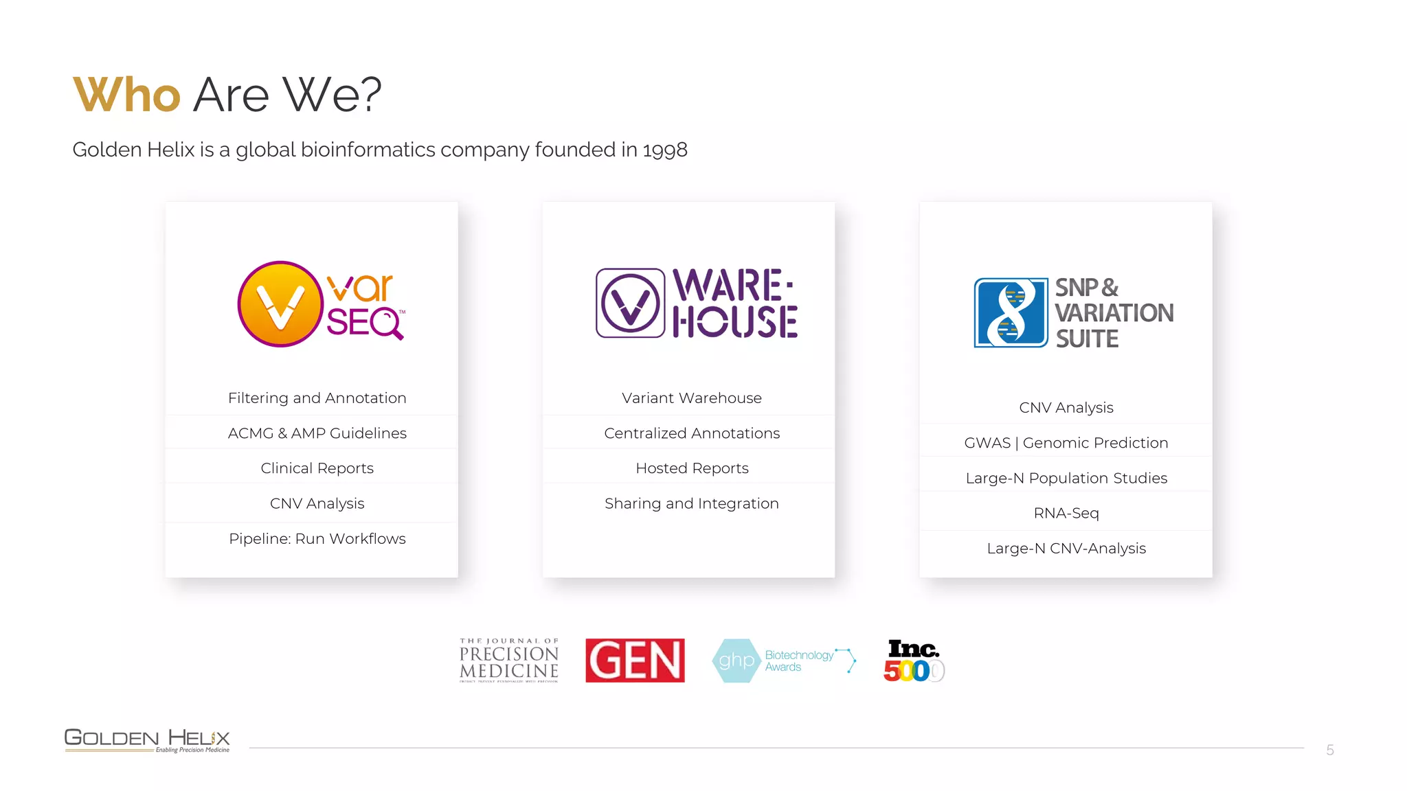 Who Are We?
5
Golden Helix is a global bioinformatics company founded in 1998
Filtering and Annotation
ACMG & AMP Guidelines
Clinical Reports
CNV Analysis
Pipeline: Run Workflows
CNV Analysis
GWAS | Genomic Prediction
Large-N Population Studies
RNA-Seq
Large-N CNV-Analysis
Variant Warehouse
Centralized Annotations
Hosted Reports
Sharing and Integration
 