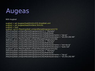 Augeas
With Augtool

augtool > set /augeas/load/Xml/incl[3] /tmp/blah.xml
augtool > set /augeas/load/Xml/lens Xml.lns
augtool > load
augtool >print /files/tmp/blah.xml/profile/settings/param[17]/
/files/tmp/blah.xml/profile/settings/param[17] = "#empty"
/files/tmp/blah.xml/profile/settings/param[17]/#attribute
/files/tmp/blah.xml/profile/settings/param[17]/#attribute/name = "sip-ip"
/files/tmp/blah.xml/profile/settings/param[17]/#attribute/value = "10.255.202.90"
augtool> print /files/tmp/blah.xml/profile/settings/param[18]/
/files/tmp/blah.xml/profile/settings/param[18] = "#empty"
/files/tmp/blah.xml/profile/settings/param[18]/#attribute
/files/tmp/blah.xml/profile/settings/param[18]/#attribute/name = "ext-rtp-ip"
/files/tmp/blah.xml/profile/settings/param[18]/#attribute/value = "auto-nat"
augtool> print /files/tmp/blah.xml/profile/settings/param[16]/
/files/tmp/blah.xml/profile/settings/param[16] = "#empty"
/files/tmp/blah.xml/profile/settings/param[16]/#attribute
/files/tmp/blah.xml/profile/settings/param[16]/#attribute/name = "rtp-ip"
/files/tmp/blah.xml/profile/settings/param[16]/#attribute/value = "10.255.202.90"
 