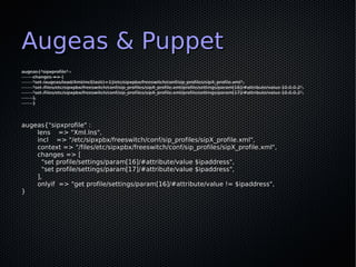 Augeas & Puppet
augeas{"sipxprofile" :
    changes => [
    "set /augeas/load/Xml/incl[last()+1]/etc/sipxpbx/freeswitch/co...