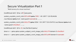 Red Hat Virtualization + Ansible16
[root@cloud-sb12 ~]# ps -efZ | grep qemu
system_u:system_r:svirt_t:s0:c557,c698 qemu 7292 1 45 2017 ? 22-05:44:06
/usr/libexec/qemu-kvm -name guest=osenode1,d ……….
system_u:system_r:svirt_t:s0:c160,c719 qemu 12561 1 33 2017 ? 22-21:47:15 /usr/libexec/qemu-kvm
-name guest=cfme58ui1 ……...
[root@cloud-sb12 ~]# ls -lZ /var/lib/libvirt/qemu/
drwxr-x---. qemu qemu system_u:object_r:svirt_image_t:s0:c160,c719 domain-2-cfme58ui1
drwxr-x---. qemu qemu system_u:object_r:svirt_image_t:s0:c557,c698 domain-5-osenode1
Secure Virtualization Part 1
“Multi tenancy for virtual machines”
 