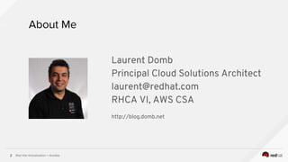 Red Hat Virtualization + Ansible2
About Me
Laurent Domb
Principal Cloud Solutions Architect
laurent@redhat.com
RHCA VI, AWS CSA
http://blog.domb.net
 