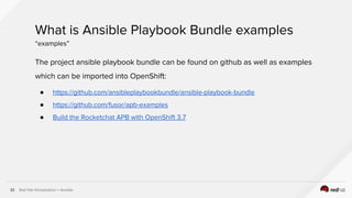 Red Hat Virtualization + Ansible32
The project ansible playbook bundle can be found on github as well as examples
which can be imported into OpenShift:
● https://github.com/ansibleplaybookbundle/ansible-playbook-bundle
● https://github.com/fusor/apb-examples
● Build the Rocketchat APB with OpenShift 3.7
What is Ansible Playbook Bundle examples
“examples”
 