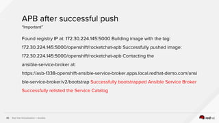 Red Hat Virtualization + Ansible35
APB after successful push
“Important”
Found registry IP at: 172.30.224.145:5000 Building image with the tag:
172.30.224.145:5000/openshift/rocketchat-apb Successfully pushed image:
172.30.224.145:5000/openshift/rocketchat-apb Contacting the
ansible-service-broker at:
https://asb-1338-openshift-ansible-service-broker.apps.local.redhat-demo.com/ansi
ble-service-broker/v2/bootstrap Successfully bootstrapped Ansible Service Broker
Successfully relisted the Service Catalog
 