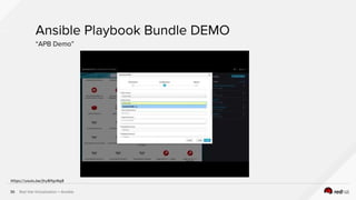 Red Hat Virtualization + Ansible36
Ansible Playbook Bundle DEMO
“APB Demo”
https://youtu.be/jhy8lfgxNg8
 