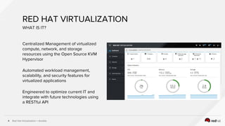 Red Hat Virtualization + Ansible4
RED HAT VIRTUALIZATION
Centralized Management of virtualized
compute, network, and storage
resources using the Open Source KVM
Hypervisor
Automated workload management,
scalability, and security features for
virtualized applications
Engineered to optimize current IT and
integrate with future technologies using
a RESTful API
WHAT IS IT?
 