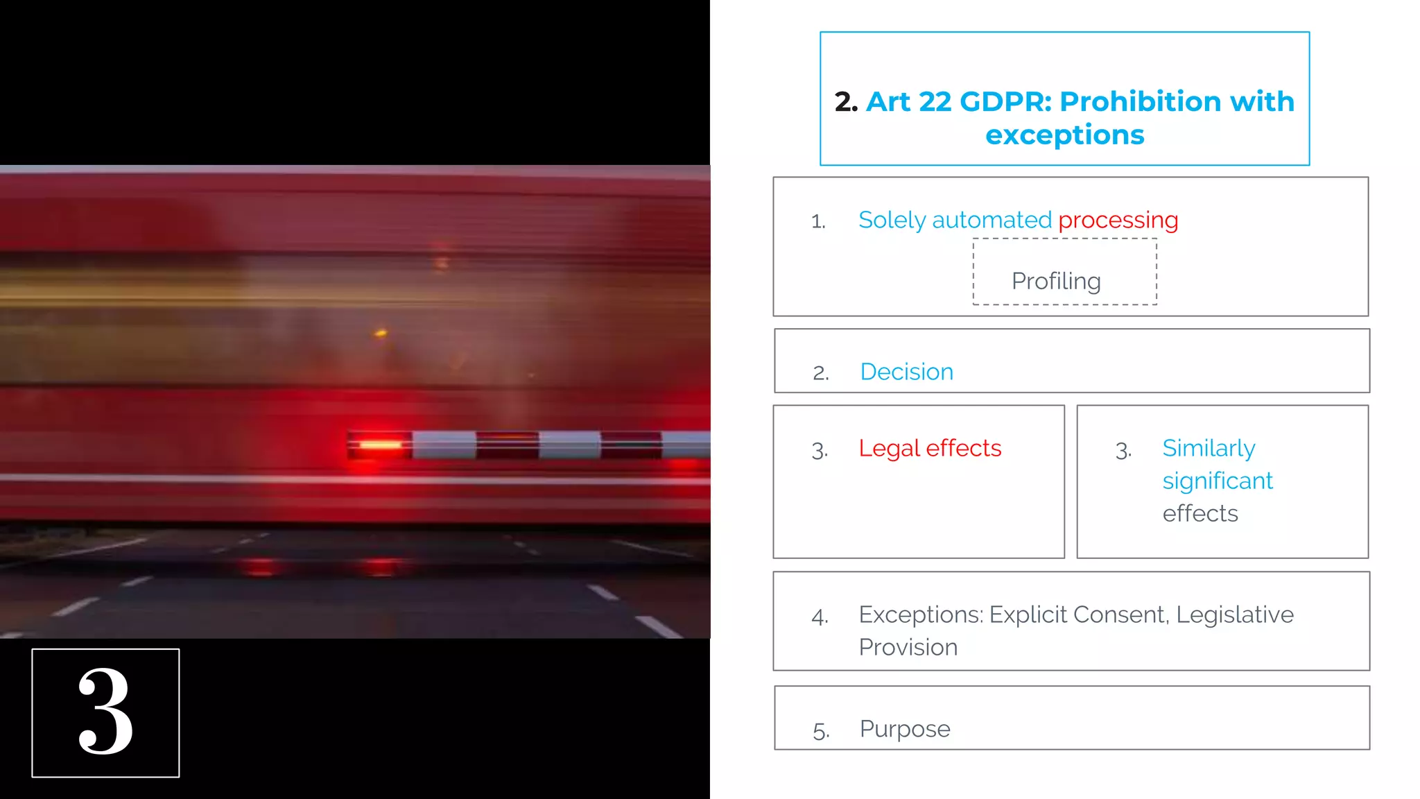 2. Art 22 GDPR: Prohibition with
exceptions
1. Solely automated processing
2. Decision
3
Profiling
3. Legal effects 3. Similarly
significant
effects
4. Exceptions: Explicit Consent, Legislative
Provision
5. Purpose
 