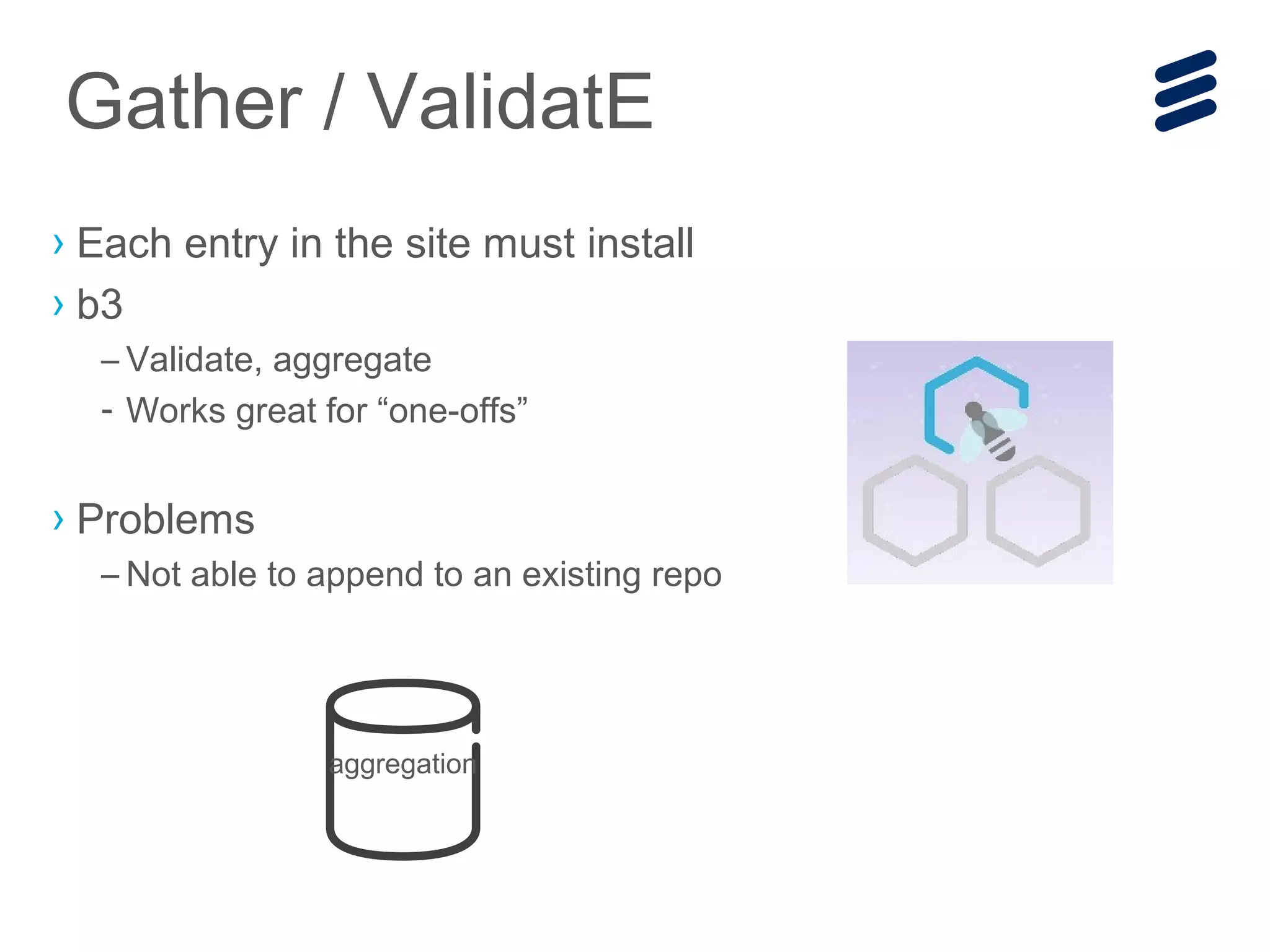 › Each entry in the site must install
› b3
– Validate, aggregate
- Works great for “one-offs”
› Problems
– Not able to append to an existing repo
Gather / ValidatE
aggregation
 