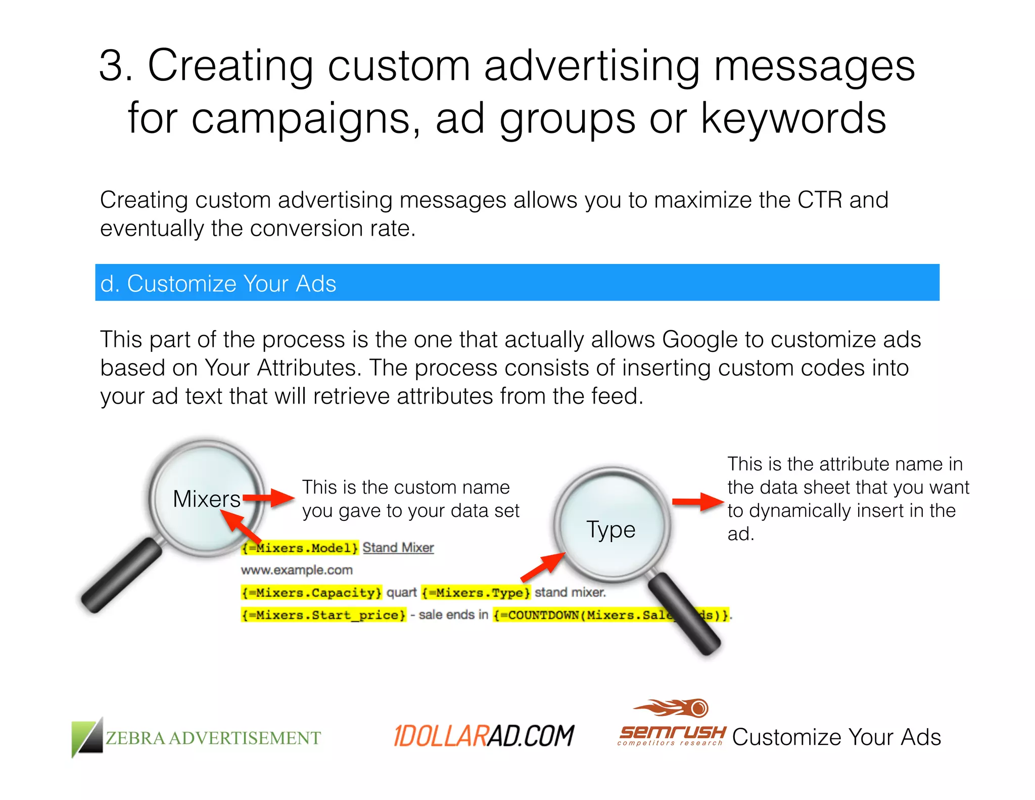 3. Creating custom advertising messages 
for campaigns, ad groups or keywords 
Creating custom advertising messages allows you to maximize the CTR and 
eventually the conversion rate. 
Customize Your Ads 
d. Customize Your Ads 
This part of the process is the one that actually allows Google to customize ads 
based on Your Attributes. The process consists of inserting custom codes into 
your ad text that will retrieve attributes from the feed. 
Mixers 
This is the custom name 
you gave to your data set 
Type 
This is the attribute name in 
the data sheet that you want 
to dynamically insert in the 
ad. 
 