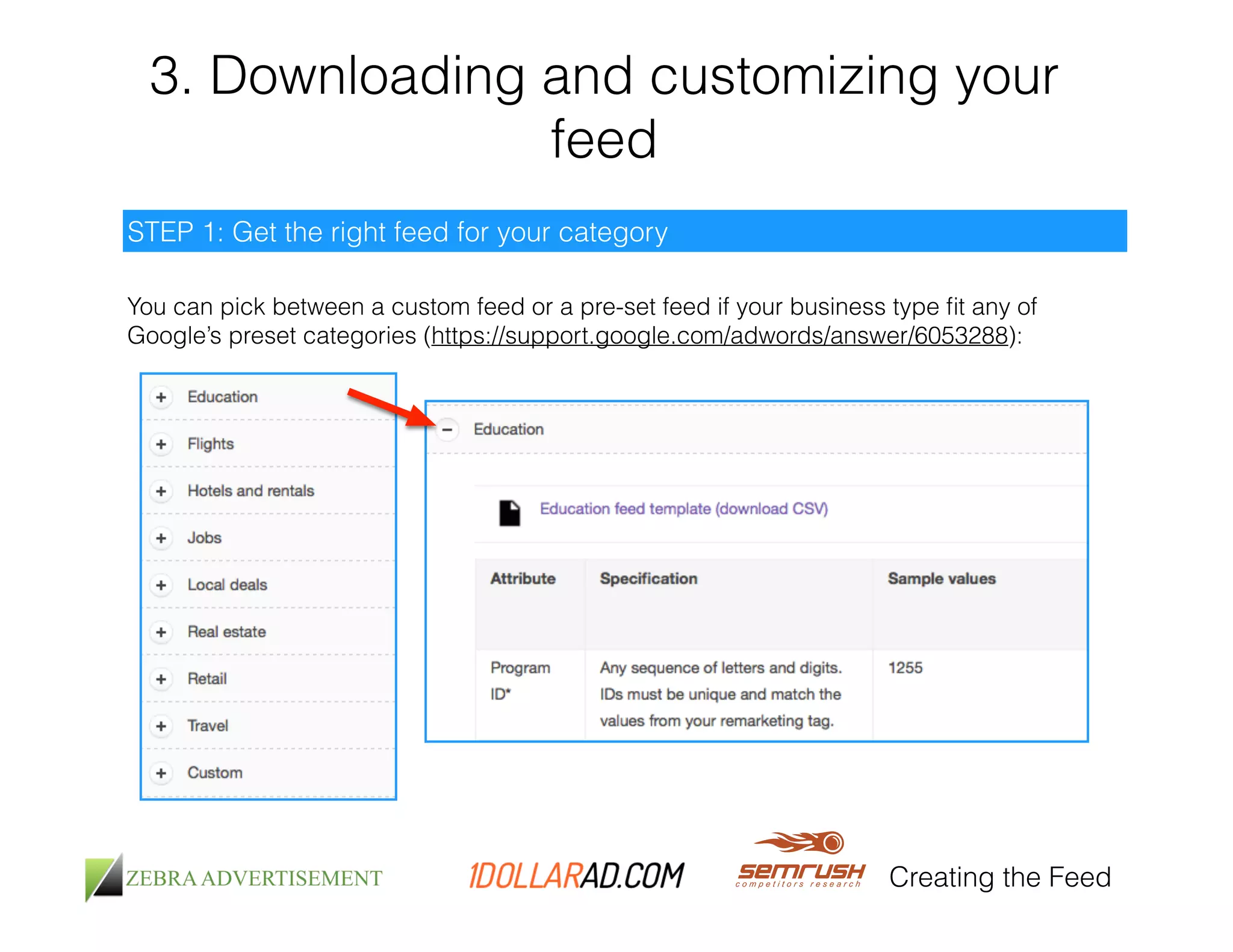 3. Downloading and customizing your 
feed 
You can pick between a custom feed or a pre-set feed if your business type fit any of 
Google’s preset categories (https://support.google.com/adwords/answer/6053288): 
Creating the Feed 
STEP 1: Get the right feed for your category 
 