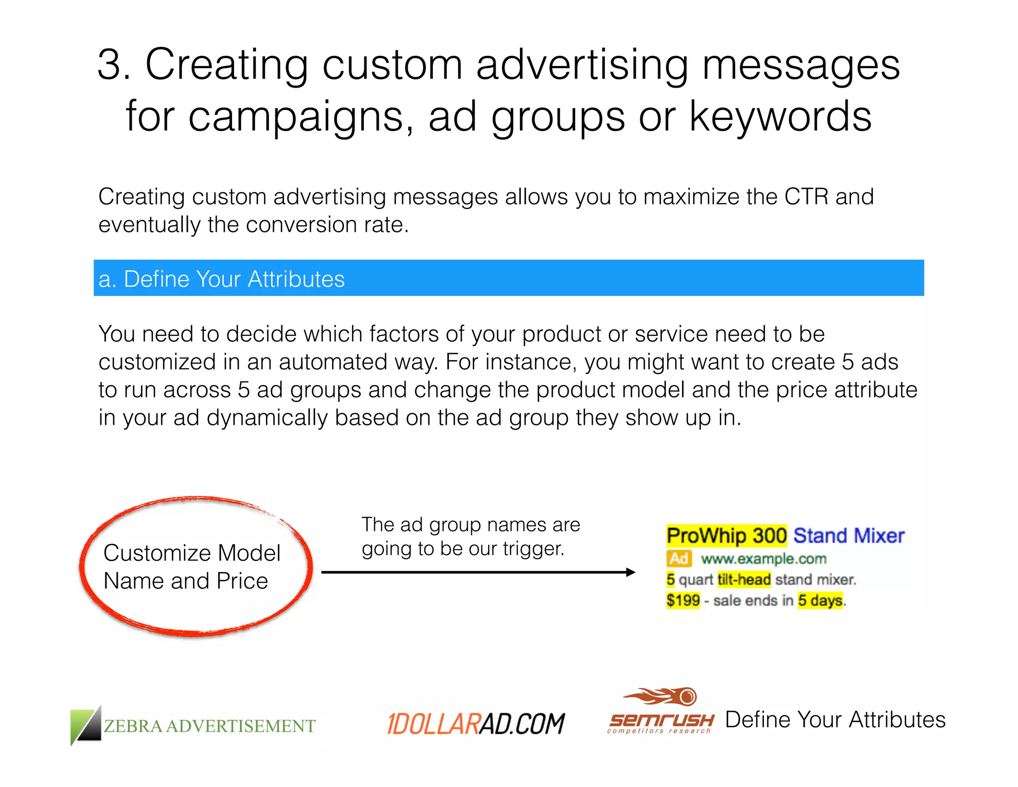 3. Creating custom advertising messages 
for campaigns, ad groups or keywords 
Creating custom advertising messages allows you to maximize the CTR and 
eventually the conversion rate. 
Define Your Attributes 
a. Define Your Attributes 
You need to decide which factors of your product or service need to be 
customized in an automated way. For instance, you might want to create 5 ads 
to run across 5 ad groups and change the product model and the price attribute 
in your ad dynamically based on the ad group they show up in. 
Customize Model 
Name and Price 
The ad group names are 
going to be our trigger. 
 
