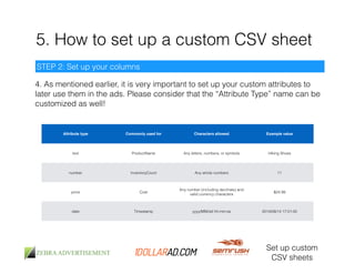 5. How to set up a custom CSV sheet 
STEP 2: Set up your columns 
4. As mentioned earlier, it is very important to set up your custom attributes to 
later use them in the ads. Please consider that the “Attribute Type” name can be 
customized as well! 
Attribute type Commonly used for Characters allowed Example value 
text ProductName Any letters, numbers, or symbols Hiking Shoes 
number InventoryCount Any whole numbers 11 
price Cost 
Any number (including decimals) and 
valid currency characters 
$24.99 
date Timestamp yyyy/MM/dd hh:mm:ss 2014/08/14 17:01:00 
Set up custom 
CSV sheets 
 
