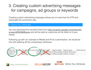 3. Creating custom advertising messages 
for campaigns, ad groups or keywords 
Creating custom advertising messages allows you to maximize the CTR and 
eventually the conversion rate. 
Define Your Attributes 
a. Define Your Attributes 
You can download the standard feed from https://support.google.com/adwords/ 
answer/6093368#types and will be able to customize all the fields to fit your 
needs. 
! 
Following up with our example of Model and Price customization, we would be 
fine with deleting all the unnecessary attributes: 
 
