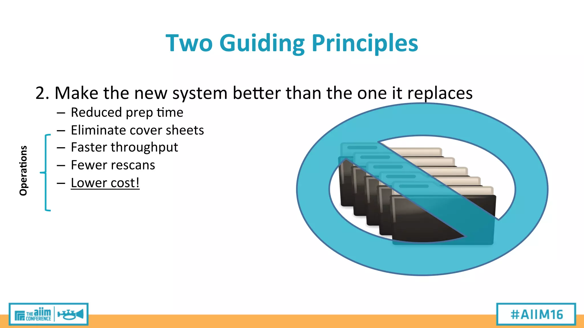 Two	
  Guiding	
  Principles	
  
2.	
  Make	
  the	
  new	
  system	
  bePer	
  than	
  the	
  one	
  it	
  replaces	
  
–  Reduced	
  prep	
  'me	
  
–  Eliminate	
  cover	
  sheets	
  
–  Faster	
  throughput	
  
–  Fewer	
  rescans	
  
–  Lower	
  cost!	
  
Opera>ons	
  
 