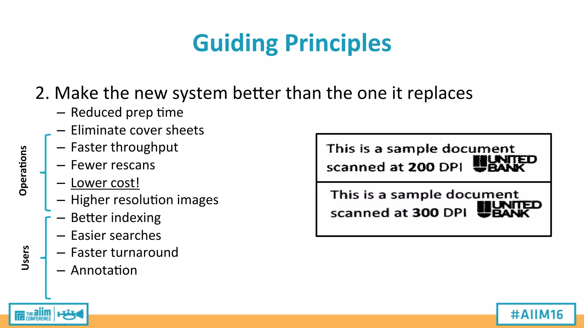 Guiding	
  Principles	
  
2.	
  Make	
  the	
  new	
  system	
  bePer	
  than	
  the	
  one	
  it	
  replaces	
  
–  Reduced	
  prep	
  'me	
  
–  Eliminate	
  cover	
  sheets	
  
–  Faster	
  throughput	
  
–  Fewer	
  rescans	
  
–  Lower	
  cost!	
  
–  Higher	
  resolu'on	
  images	
  
–  BePer	
  indexing	
  
–  Easier	
  searches	
  
–  Faster	
  turnaround	
  
–  Annota'on	
  
Opera>ons	
  Users	
  
 