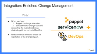 Integration: Enriched Change Management
WHY
● When you have:
○ Puppet for change execution
○ ServiceNow for change workflow
connecting the two is the obvious
choice to get the most out of DevOps.
● Reduce manual effort and ensure full
registration of the change impact. DevOps
 