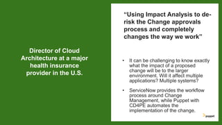 • It can be challenging to know exactly
what the impact of a proposed
change will be to the larger
environment. Will it affect multiple
applications? Multiple systems?
• ServiceNow provides the workflow
process around Change
Management, while Puppet with
CD4PE automates the
implementation of the change.
“Using Impact Analysis to de-
risk the Change approvals
process and completely
changes the way we work”
Director of Cloud
Architecture at a major
health insurance
provider in the U.S.
 