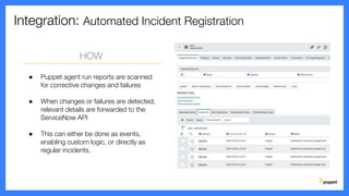 Integration: Automated Incident Registration
HOW
● Puppet agent run reports are scanned
for corrective changes and failures
● When changes or failures are detected,
relevant details are forwarded to the
ServiceNow API
● This can either be done as events,
enabling custom logic, or directly as
regular incidents.
 