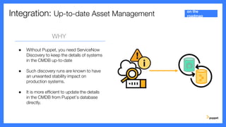Integration: Up-to-date Asset Management
WHY
● Without Puppet, you need ServiceNow
Discovery to keep the details of systems
in the CMDB up-to-date
● Such discovery runs are known to have
an unwanted stability impact on
production systems.
● It is more efficient to update the details
in the CMDB from Puppet’s database
directly.
on the
roadmap
 
